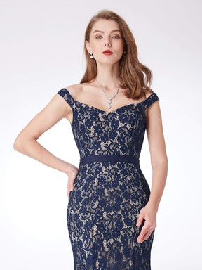 Color=Navy Blue | Elegant Off Shoulder Lace Evening Dress-Navy Blue 6