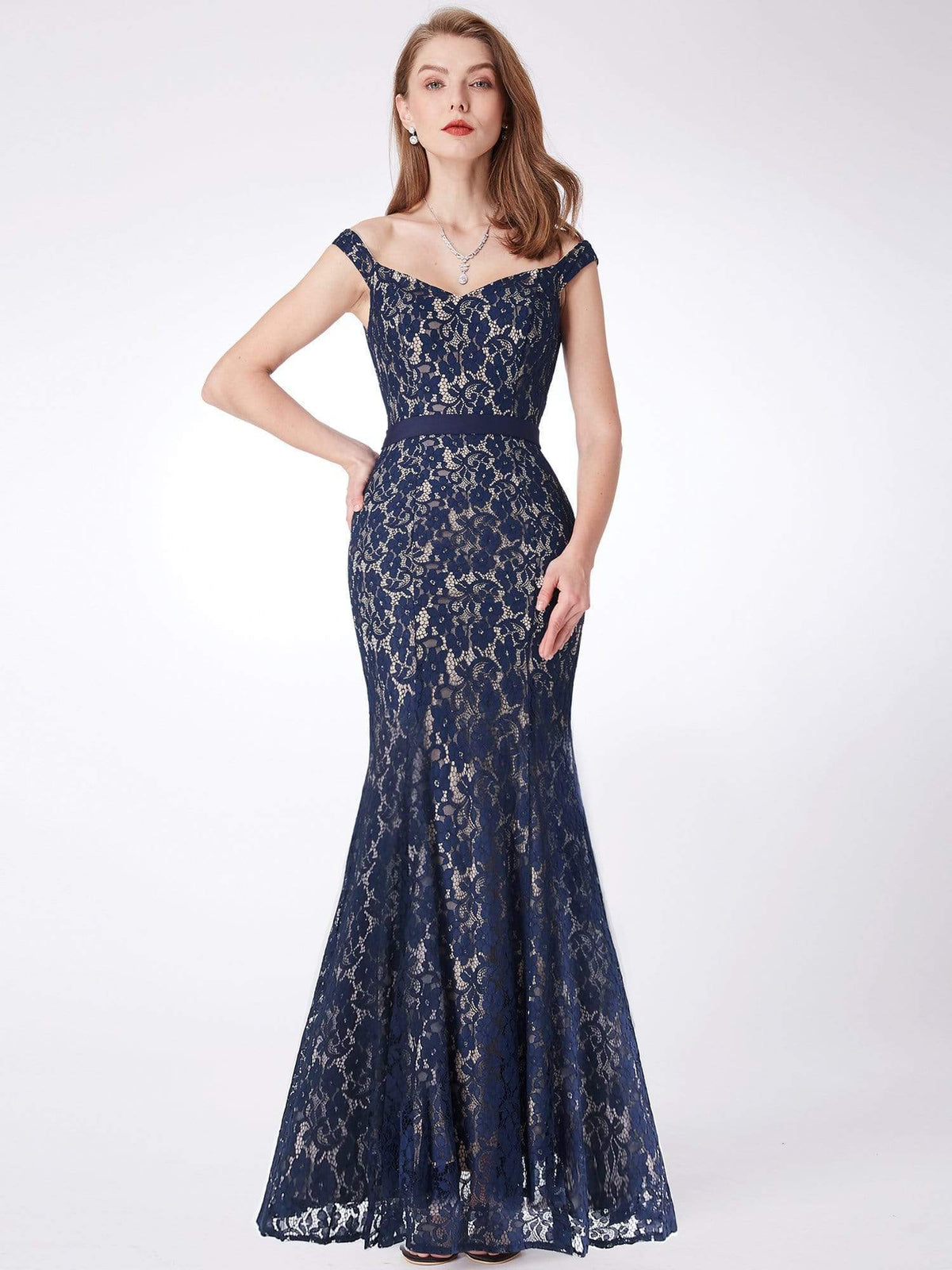 Color=Navy Blue | Elegant Off Shoulder Lace Evening Dress-Navy Blue 1