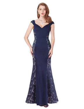 Color=Navy Blue | Floor Length Lace Bodycon Evening Dress-Navy Blue 2
