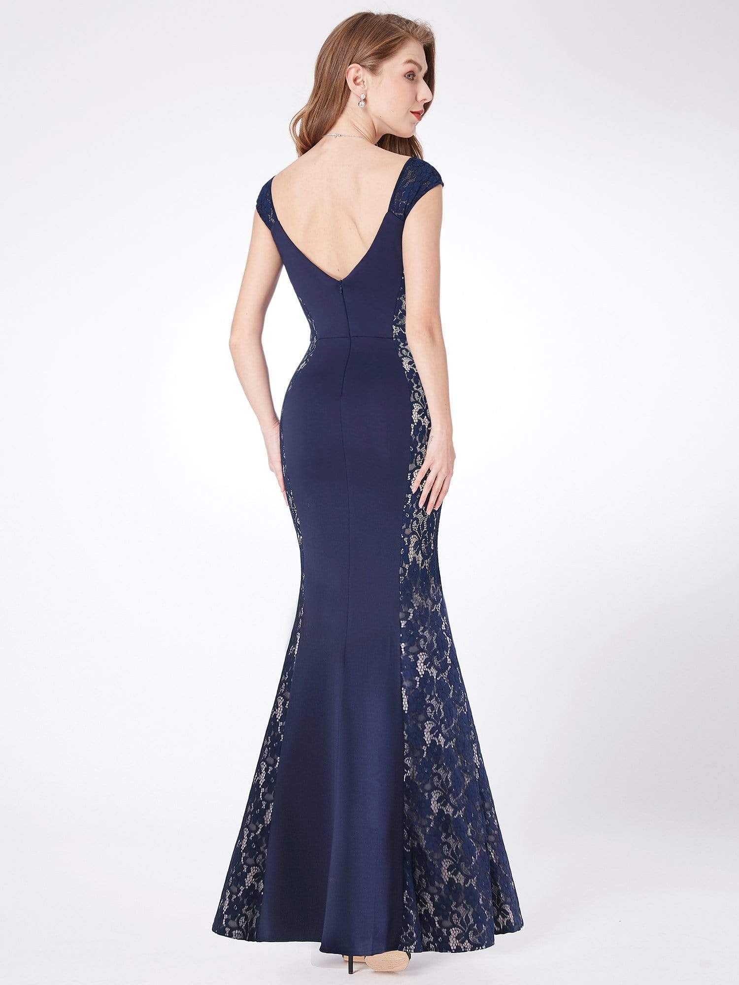 Color=Navy Blue | Floor Length Lace Bodycon Evening Dress-Navy Blue 3