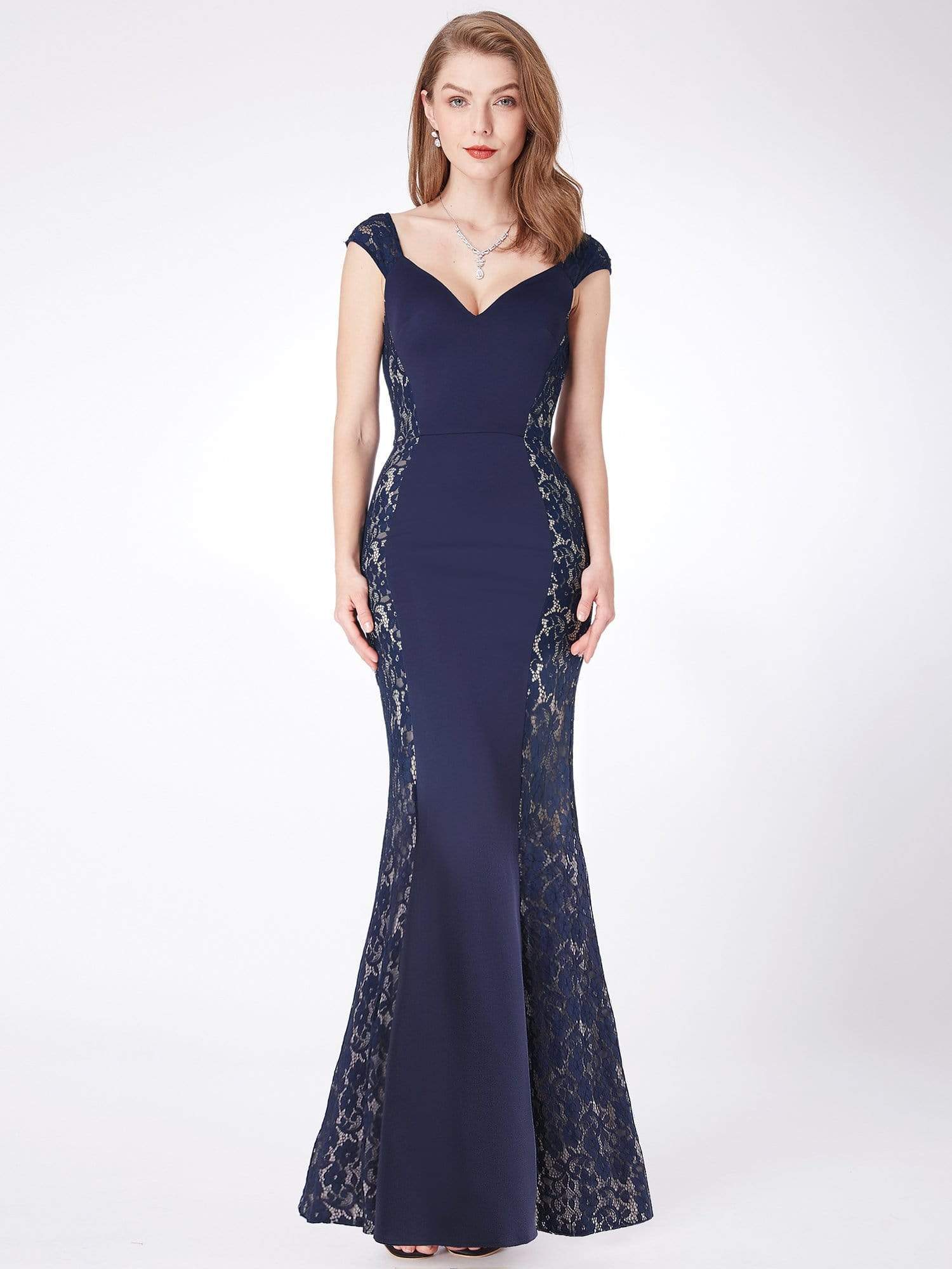 Color=Navy Blue | Floor Length Lace Bodycon Evening Dress-Navy Blue 4