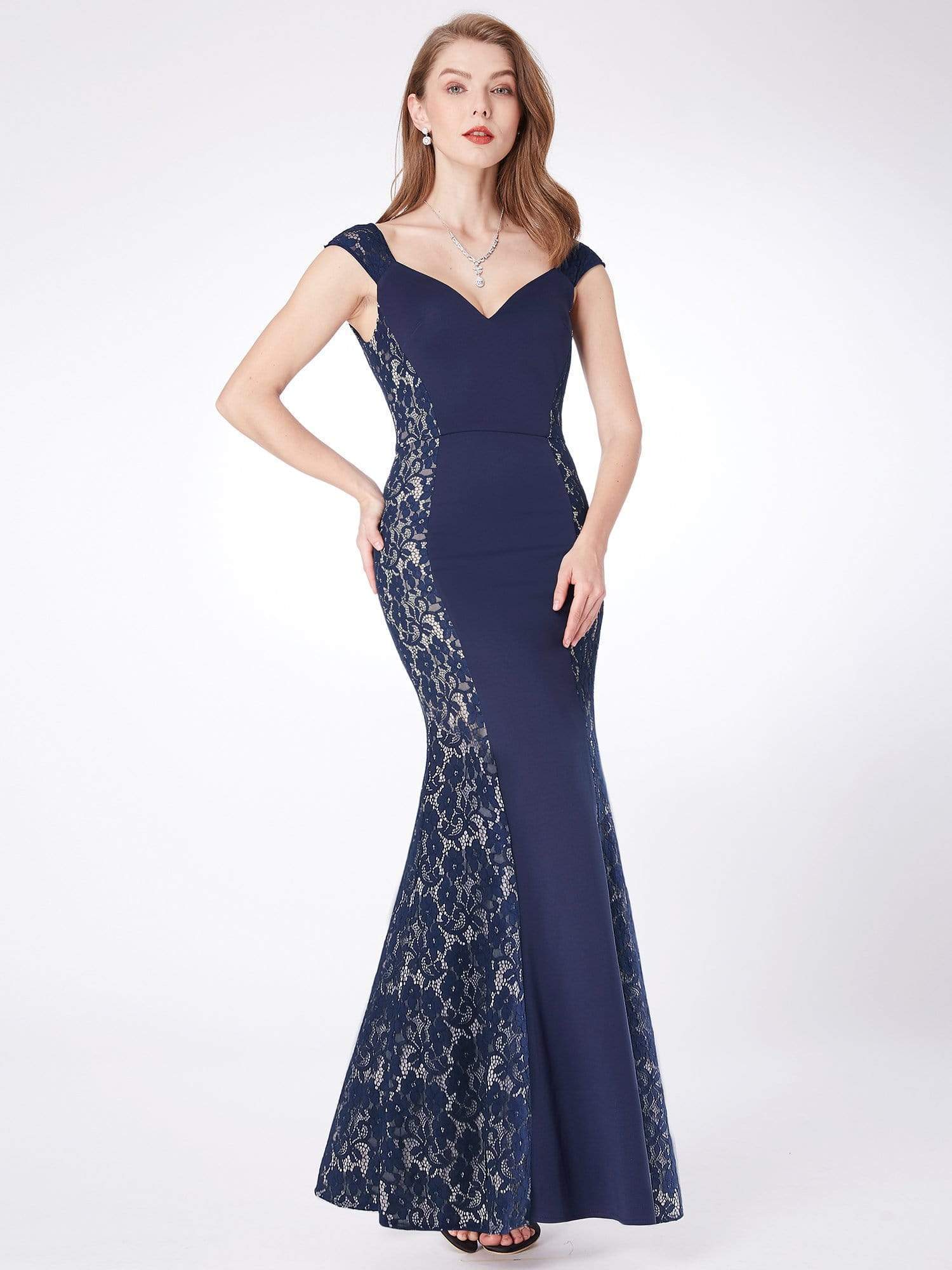 Color=Navy Blue | Floor Length Lace Bodycon Evening Dress-Navy Blue 5