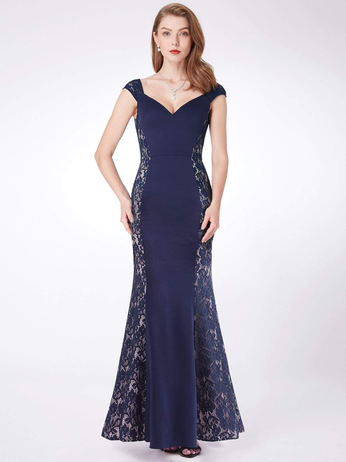 Color=Navy Blue | Floor Length Lace Bodycon Evening Dress-Navy Blue 1