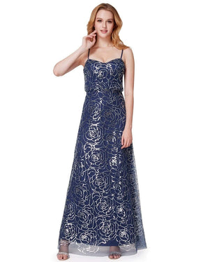 Color=Navy Blue | Long Sequins Blouson Evening Dress-Navy Blue 2