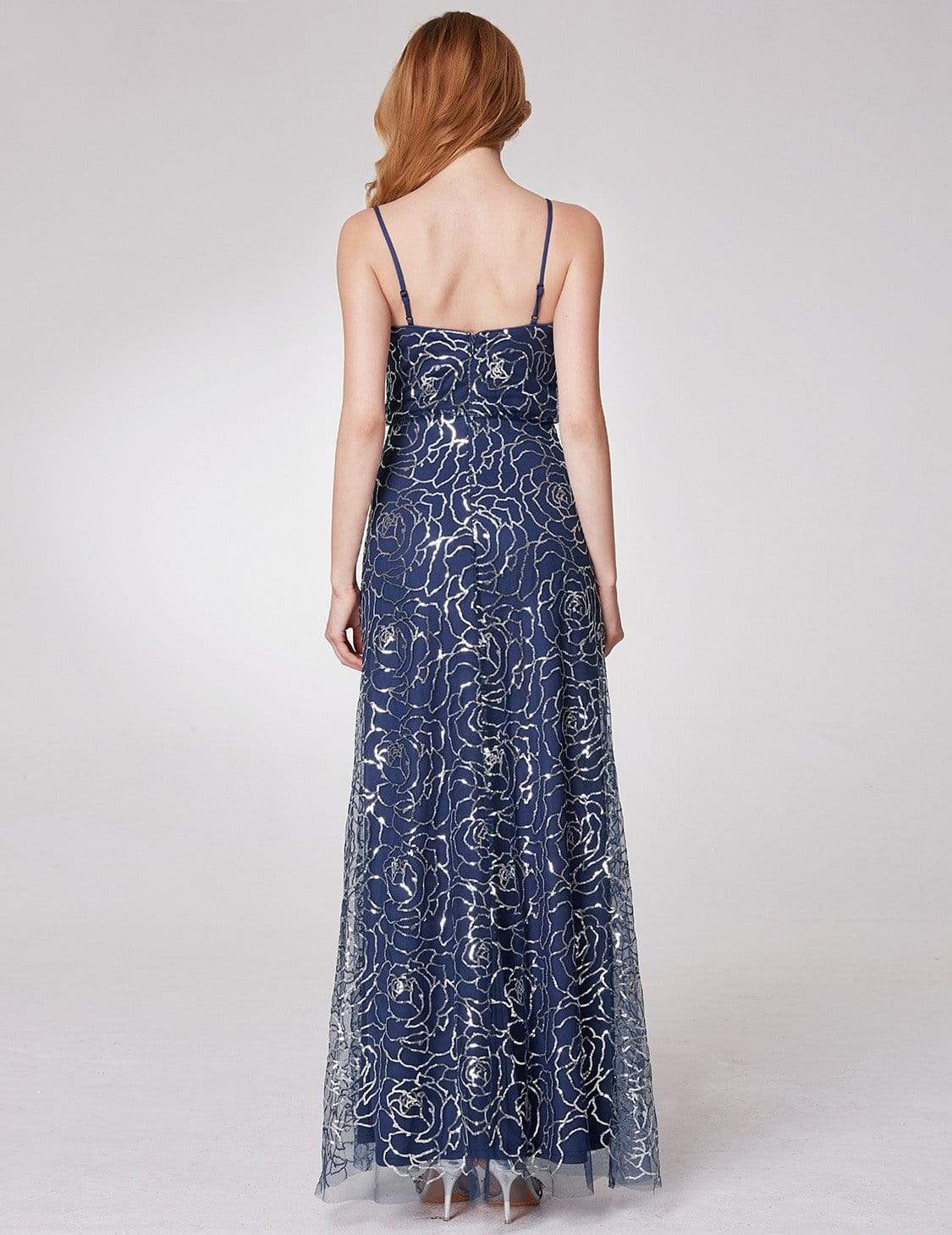 Color=Navy Blue | Long Sequins Blouson Evening Dress-Navy Blue 3