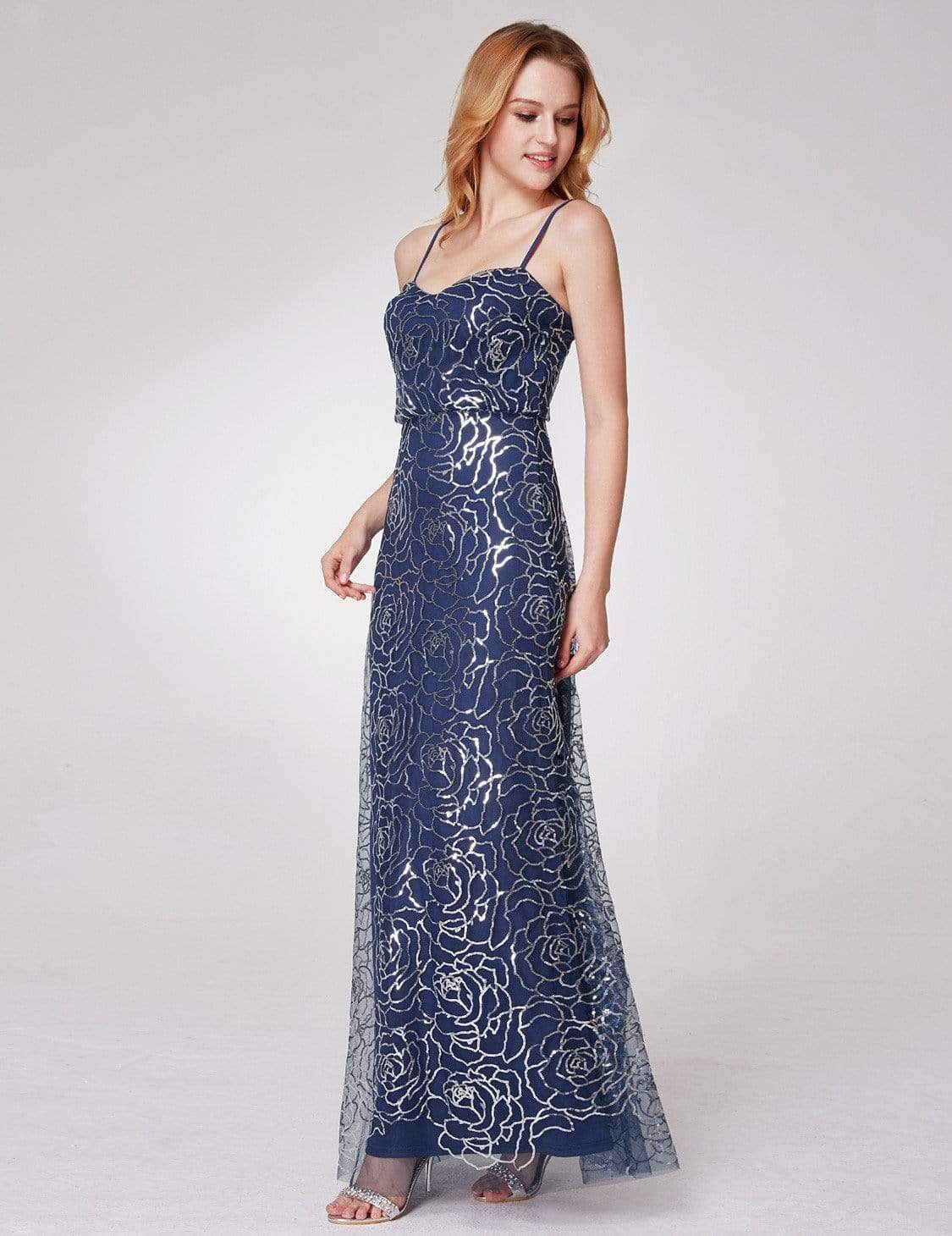 Color=Navy Blue | Long Sequins Blouson Evening Dress-Navy Blue 4