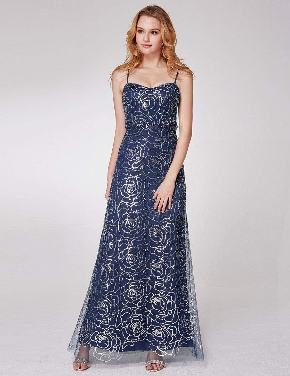Color=Navy Blue | Long Sequins Blouson Evening Dress-Navy Blue 5