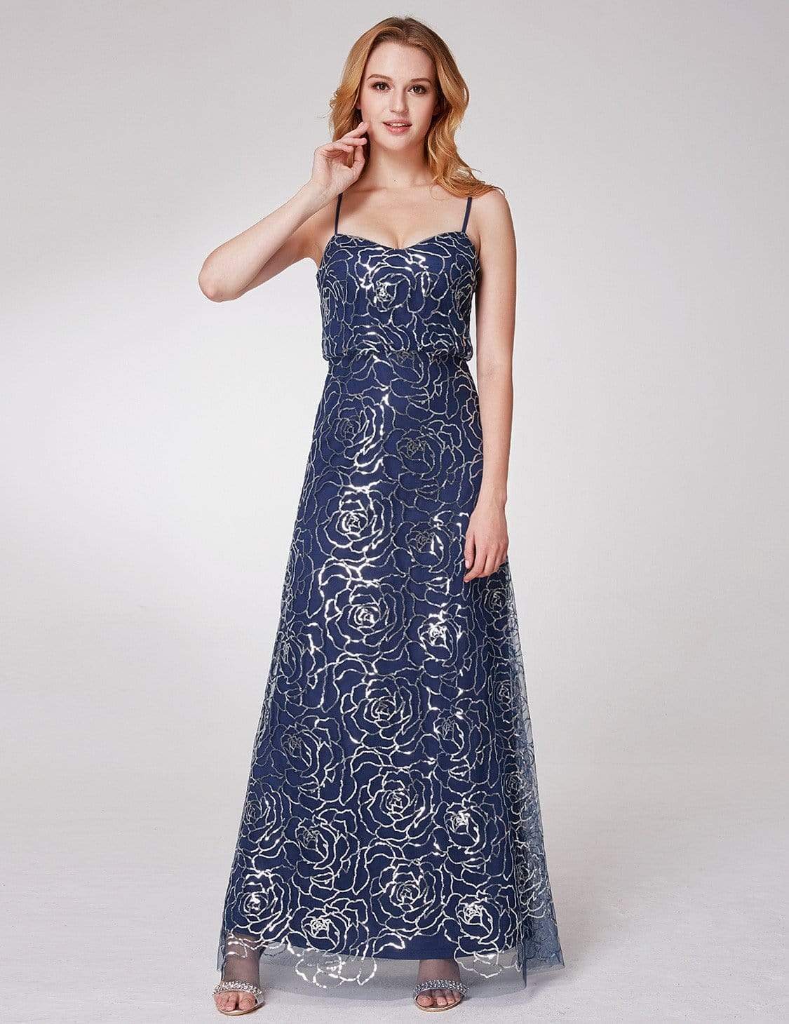 Color=Navy Blue | Long Sequins Blouson Evening Dress-Navy Blue 1