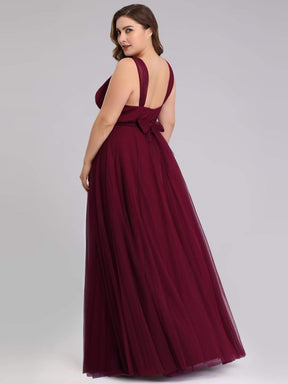 COLOR=Burgundy | Maxi Long Double V Neck Plus Size Tulle Bridesmaid Dresses-Burgundy 4