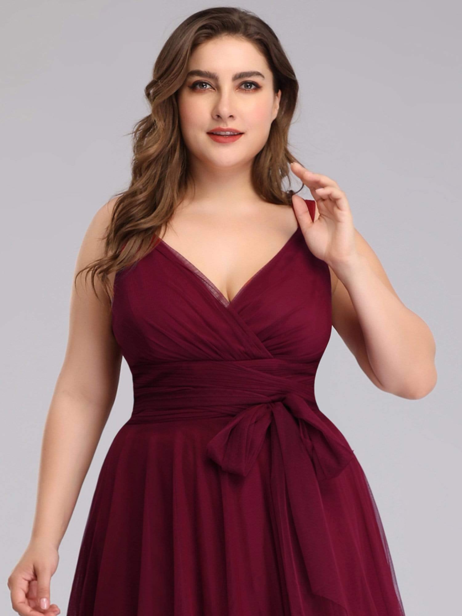 COLOR=Burgundy | Maxi Long Double V Neck Plus Size Tulle Bridesmaid Dresses-Burgundy 5