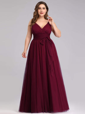 COLOR=Burgundy | Maxi Long Double V Neck Plus Size Tulle Bridesmaid Dresses-Burgundy 3