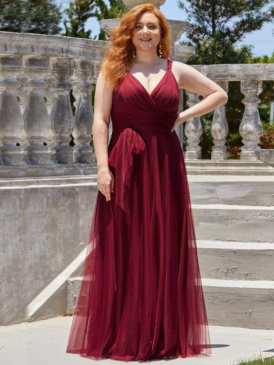 COLOR=Burgundy | Maxi Long Double V Neck Plus Size Tulle Bridesmaid Dresses-Burgundy 1