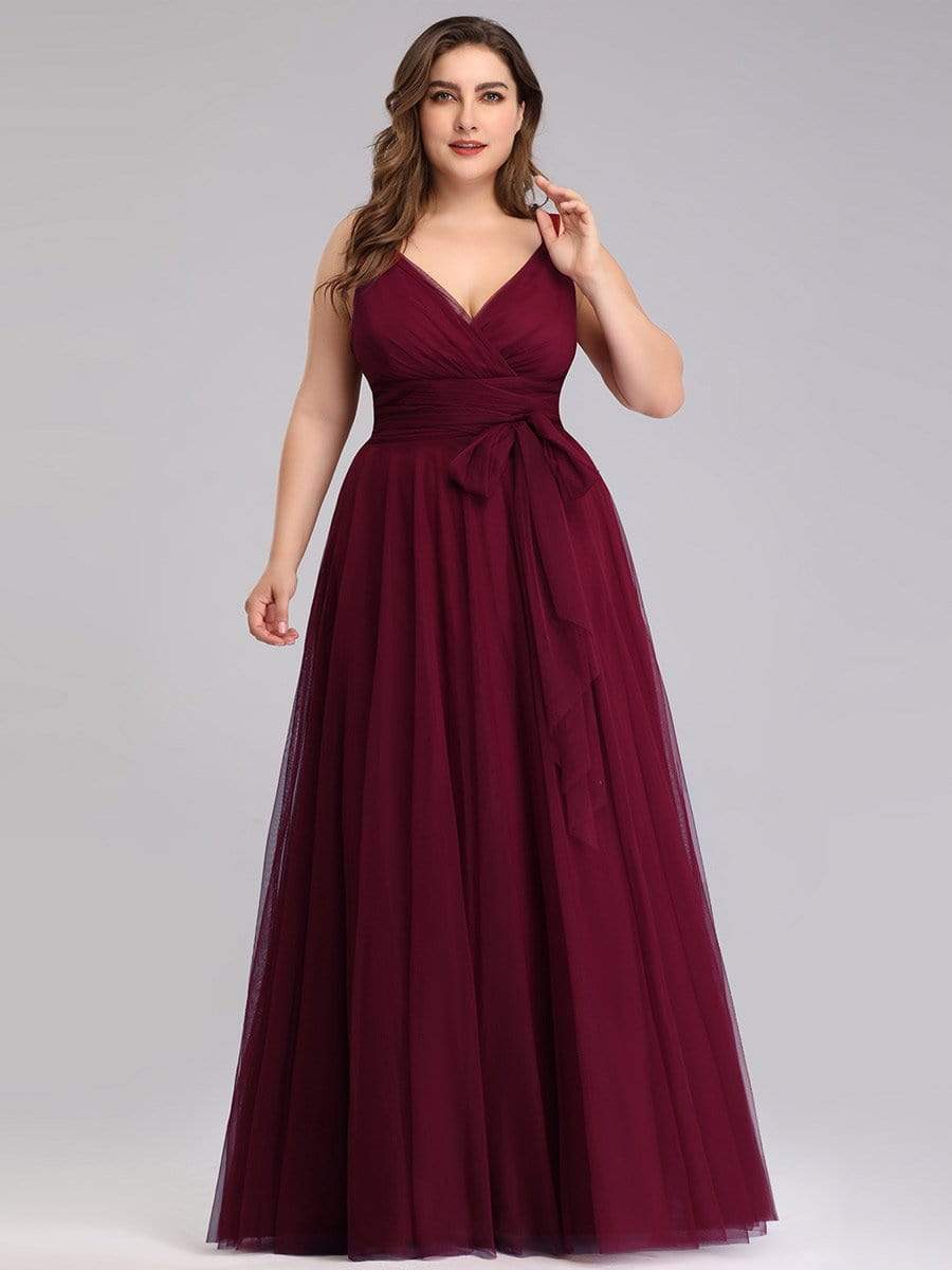 COLOR=Burgundy | Floor Length V Neck Evening Gown-Burgundy 11