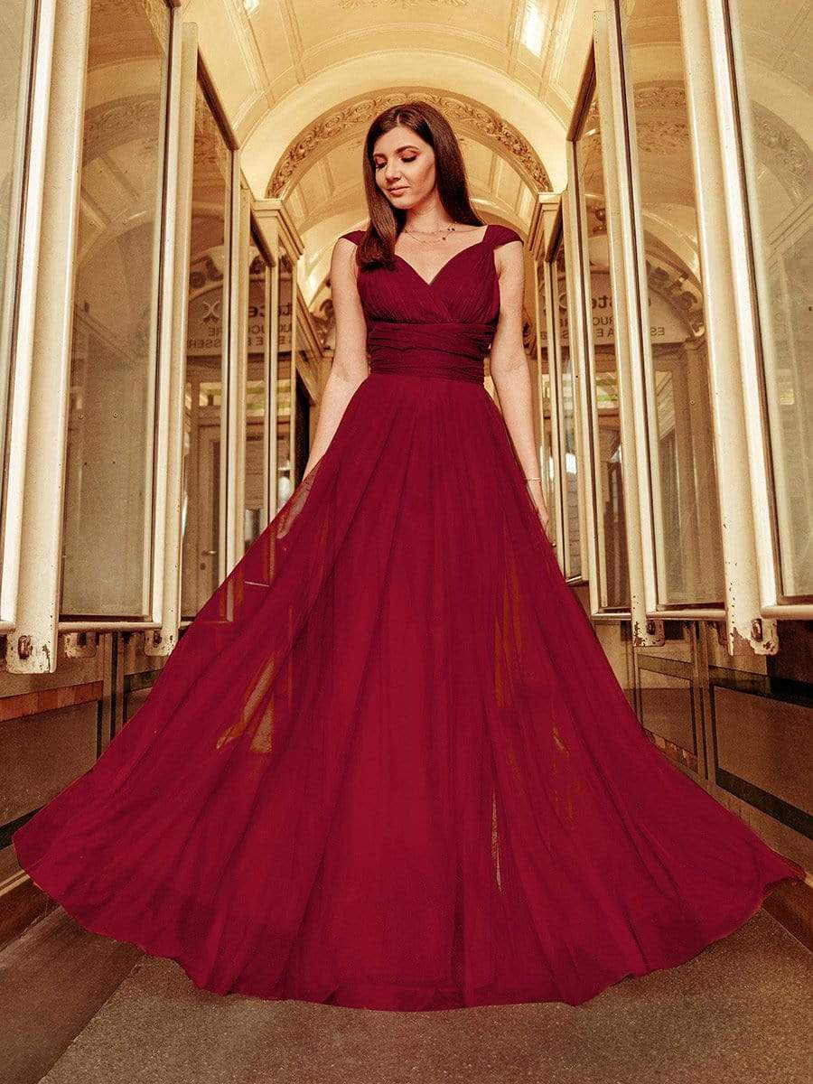 COLOR=Burgundy | Floor Length V Neck Evening Gown-Burgundy 1