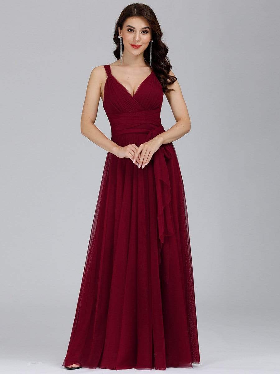 COLOR=Burgundy | Floor Length V Neck Evening Gown-Burgundy 6