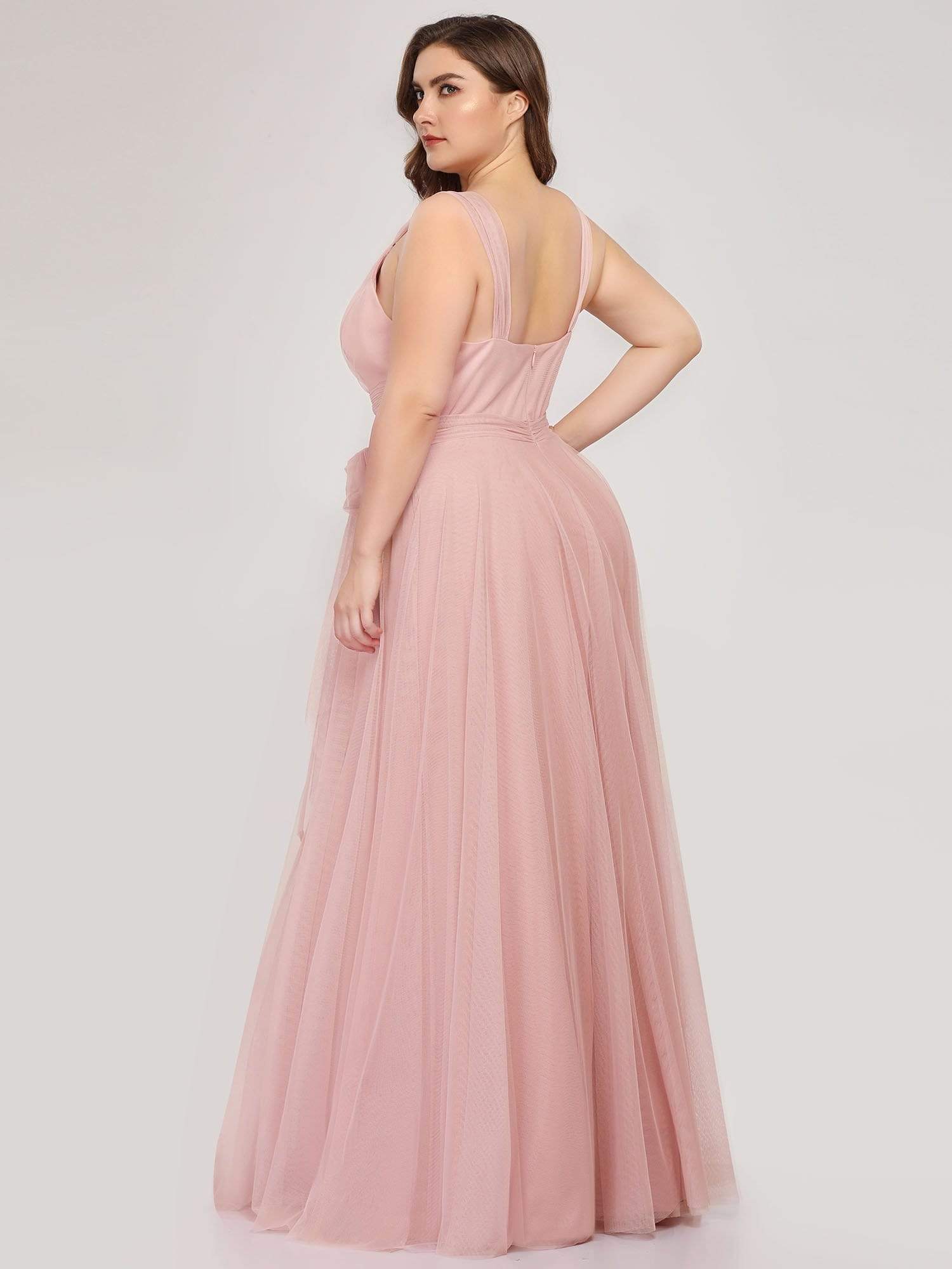 COLOR=Blush | Maxi Long Double V Neck Plus Size Tulle Bridesmaid Dresses-Blush 2