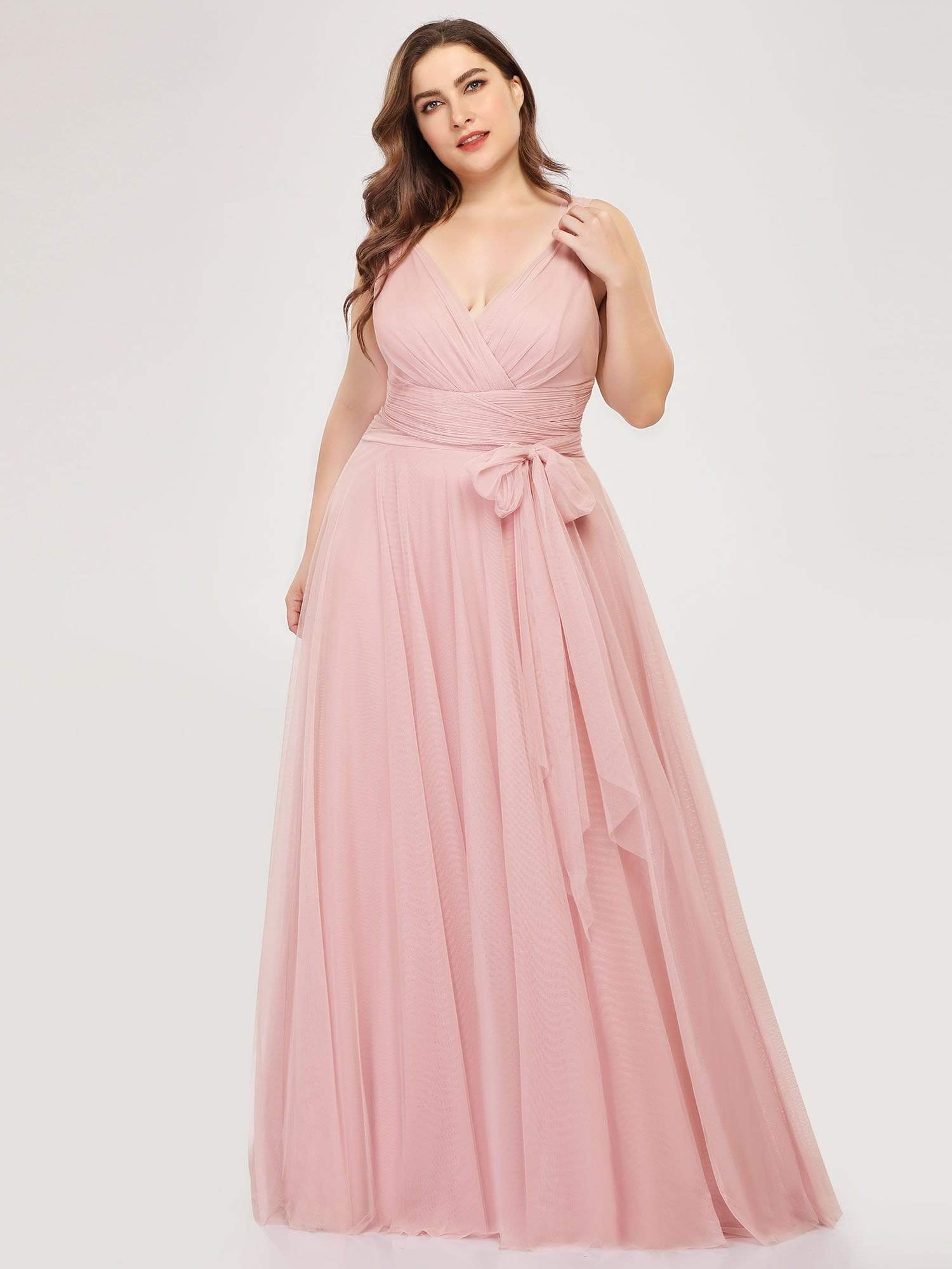 COLOR=Blush | Maxi Long Double V Neck Plus Size Tulle Bridesmaid Dresses-Blush 3