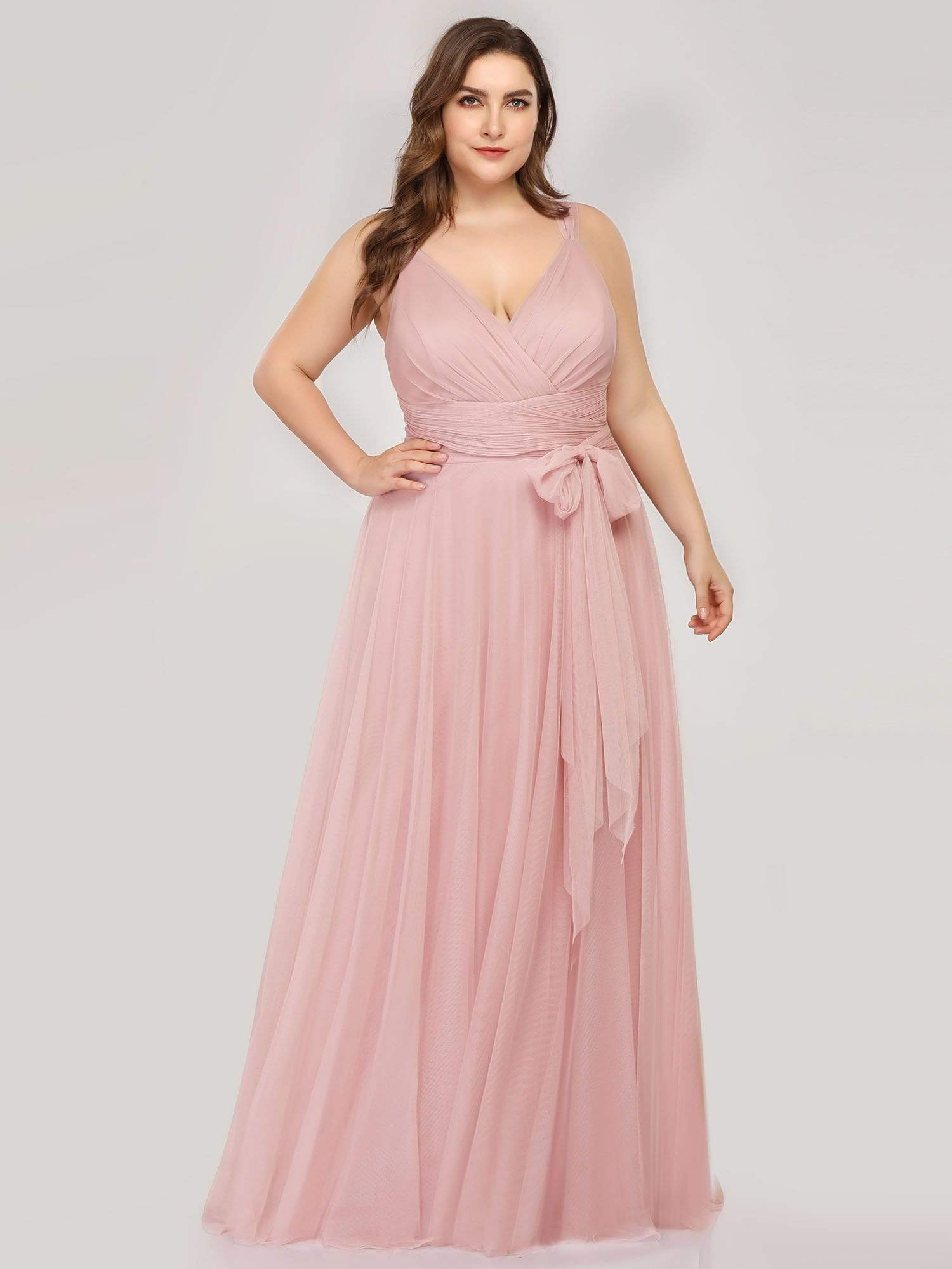 COLOR=Blush | Maxi Long Double V Neck Plus Size Tulle Bridesmaid Dresses-Blush 4