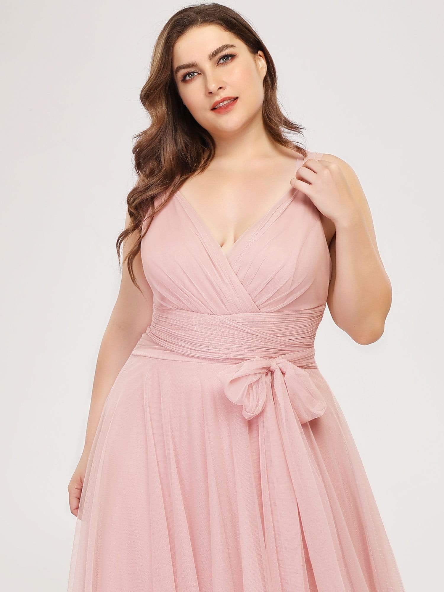 COLOR=Blush | Maxi Long Double V Neck Plus Size Tulle Bridesmaid Dresses-Blush 5