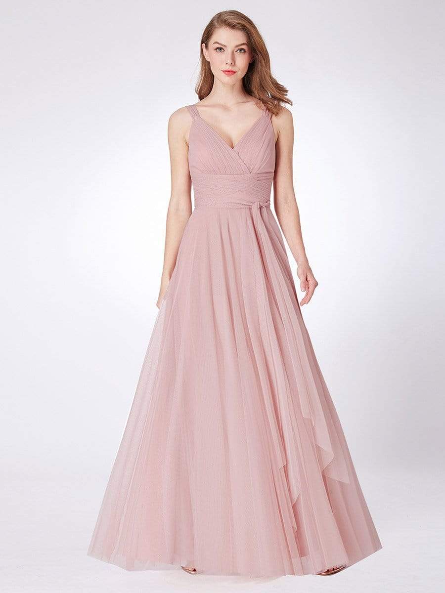 COLOR=Blush | Floor Length V Neck Evening Gown-Blush 4