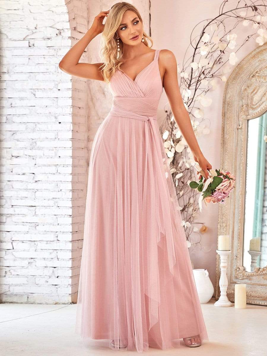 COLOR=Blush | Floor Length V Neck Evening Gown-Blush 2