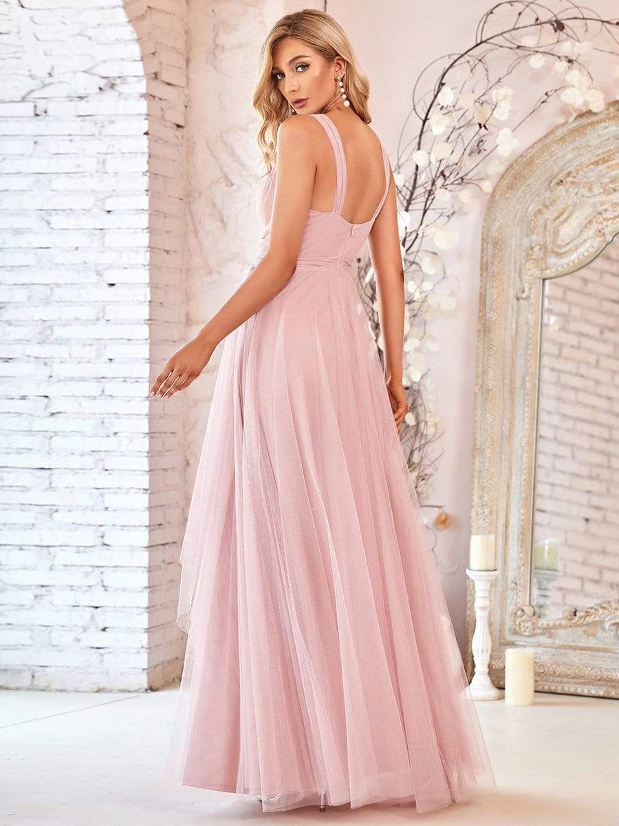 COLOR=Blush | Floor Length V Neck Evening Gown-Blush 3