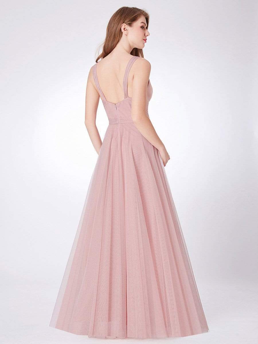 COLOR=Blush | Floor Length V Neck Evening Gown-Blush 5