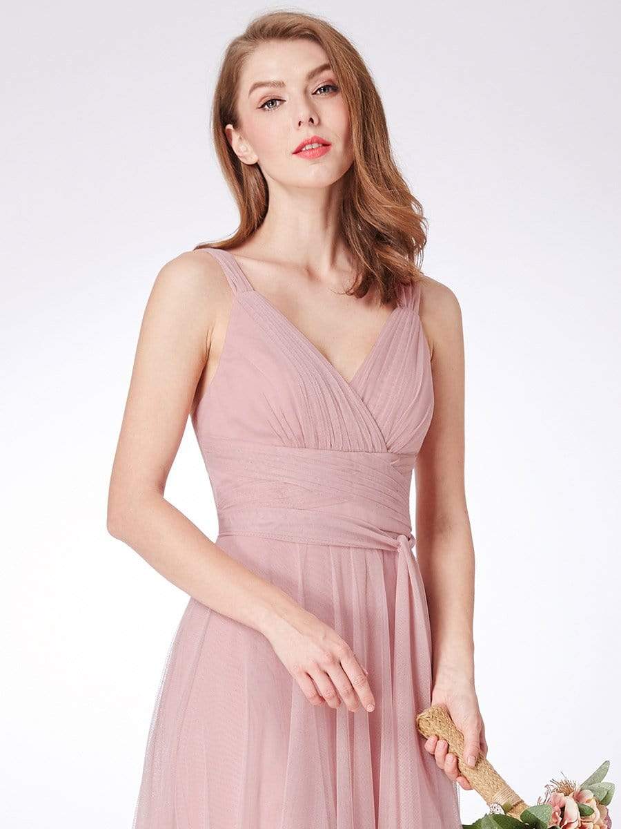 COLOR=Blush | Floor Length V Neck Evening Gown-Blush 6