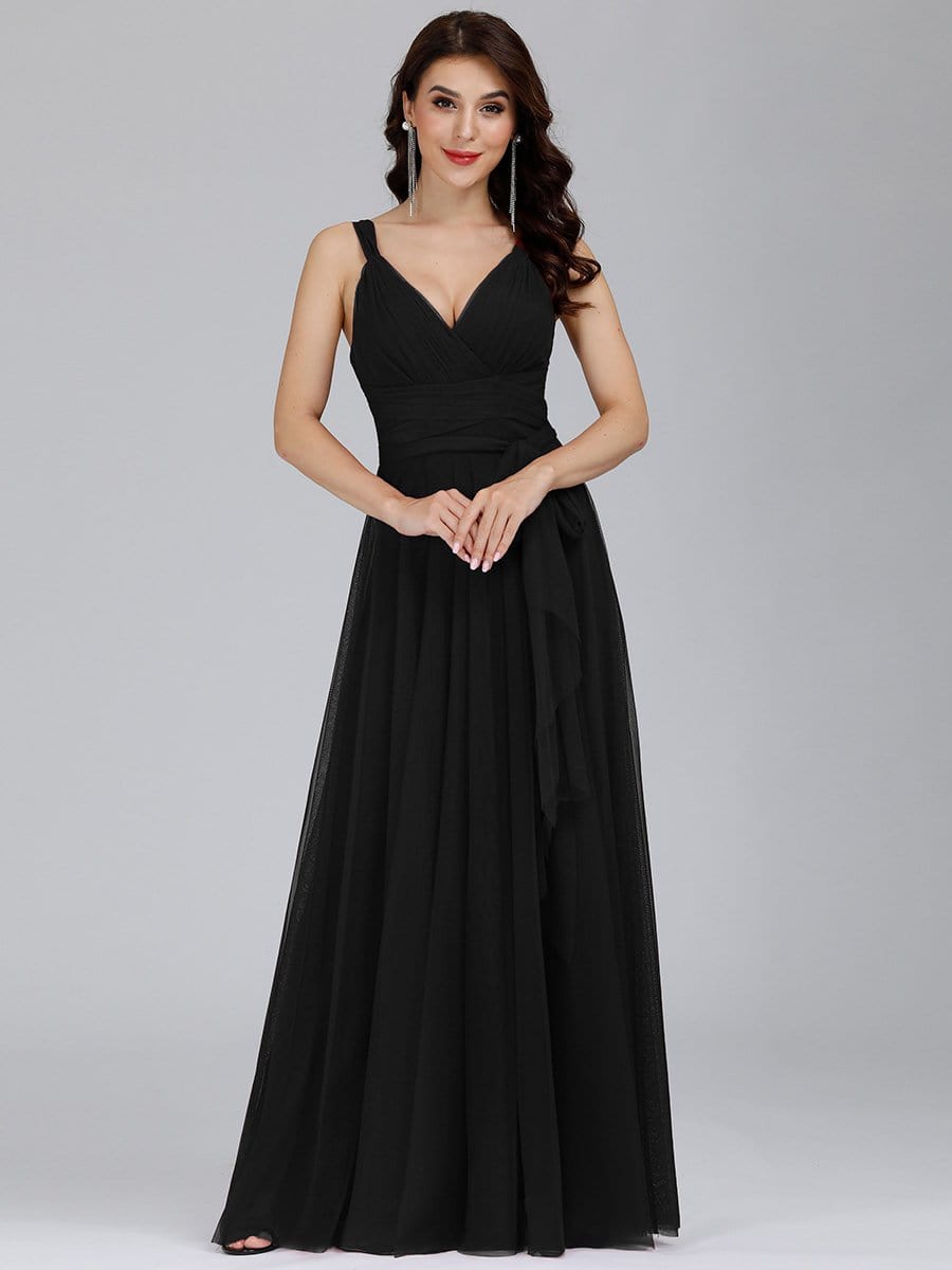 COLOR=Black | Floor Length V Neck Evening Gown-Black 3