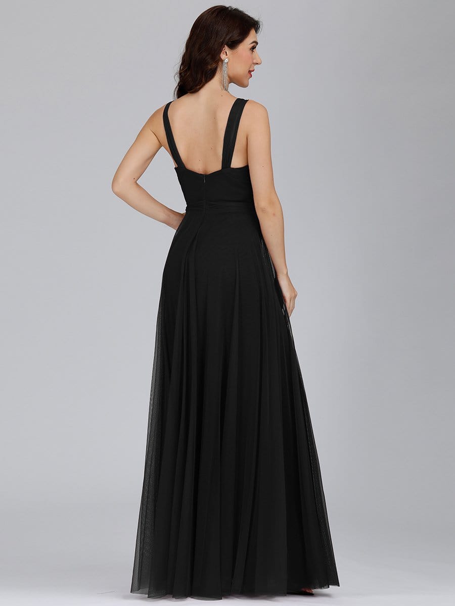 COLOR=Black | Floor Length V Neck Evening Gown-Black 4