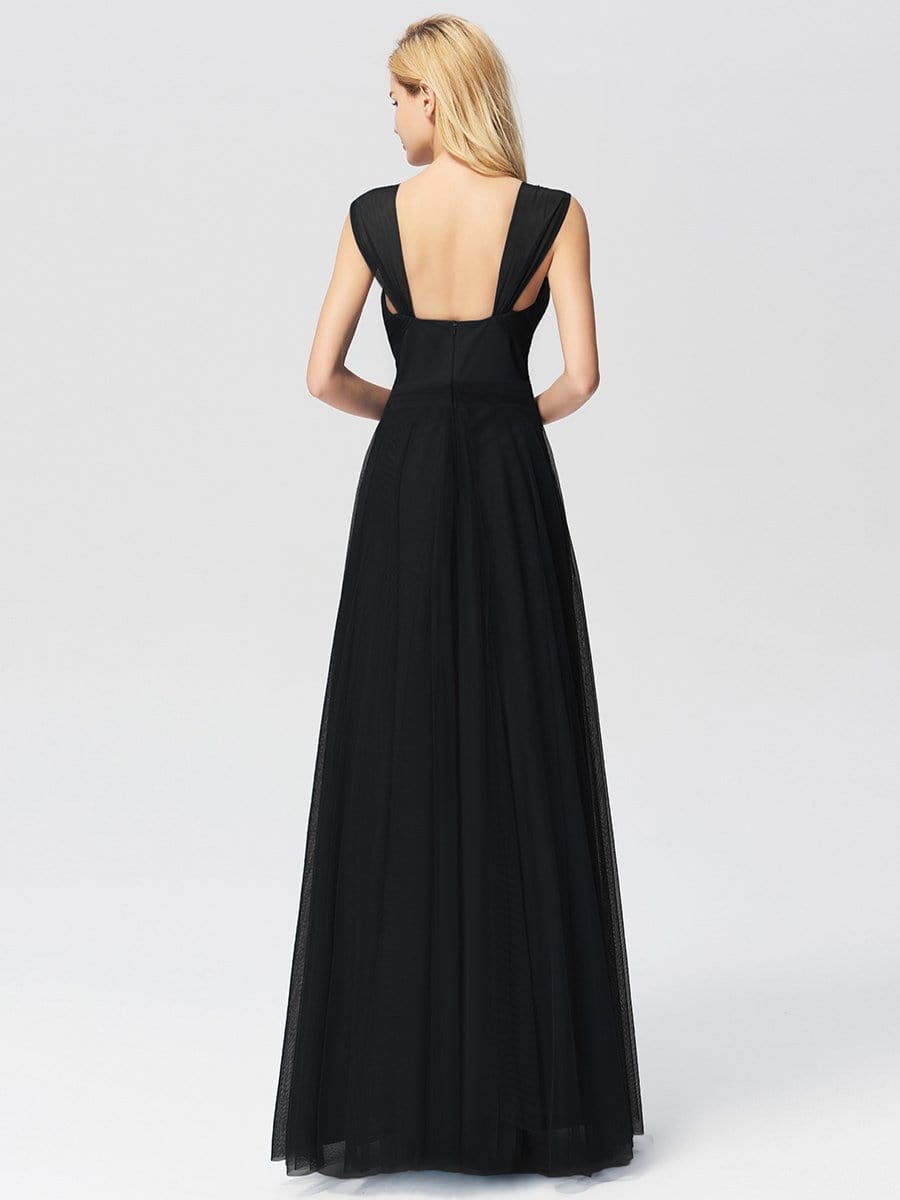 COLOR=Black | Floor Length V Neck Evening Gown-Black 2