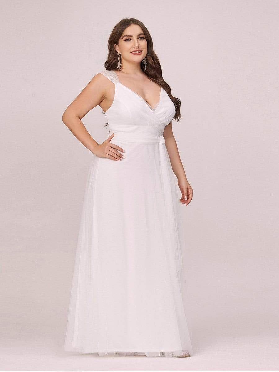 COLOR=Cream | Maxi Long Double V Neck Plus Size Tulle Bridesmaid Dresses-Cream 3