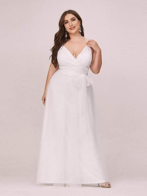COLOR=Cream | Maxi Long Double V Neck Plus Size Tulle Bridesmaid Dresses-Cream 3