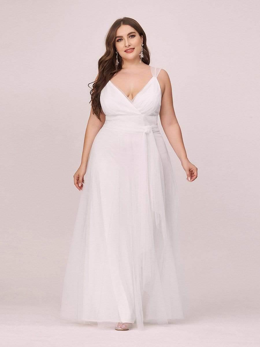 COLOR=Cream | Maxi Long Double V Neck Plus Size Tulle Bridesmaid Dresses-Cream 1