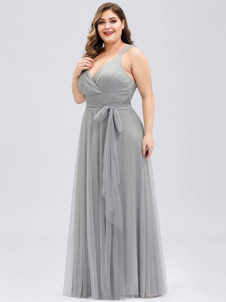 Color=Grey | Maxi Long Double V Neck Plus Size Tulle Bridesmaid Dresses-Grey 2