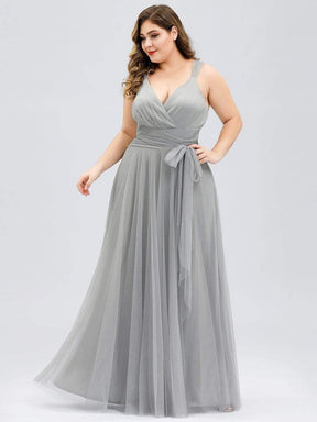 Color=Grey | Maxi Long Double V Neck Plus Size Tulle Bridesmaid Dresses-Grey 1
