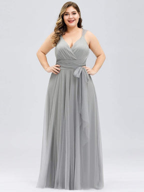 Color=Grey | Maxi Long Double V Neck Plus Size Tulle Bridesmaid Dresses-Grey 4