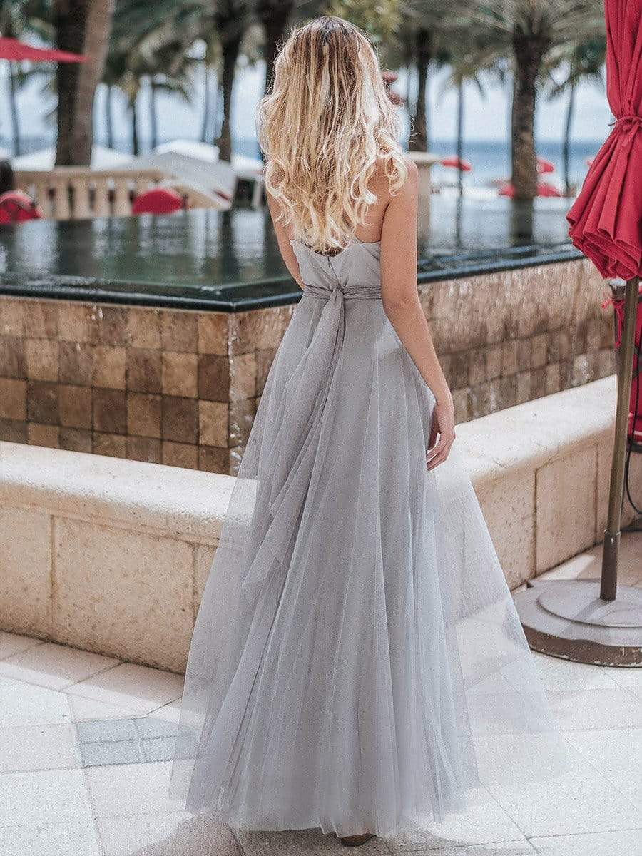 COLOR=Grey | Floor Length V Neck Evening Gown-Grey 5