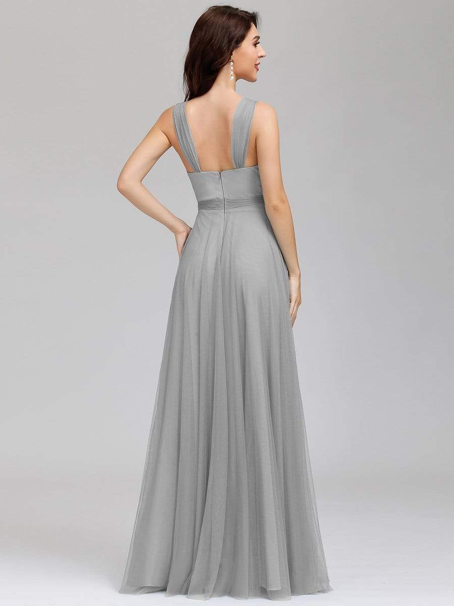 COLOR=Grey | Floor Length V Neck Evening Gown-Grey 10