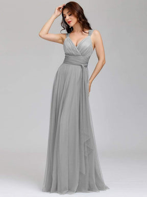 COLOR=Grey | Floor Length V Neck Evening Gown-Grey 5
