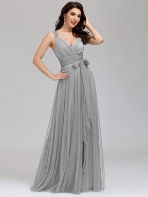 COLOR=Grey | Floor Length V Neck Evening Gown-Grey 6