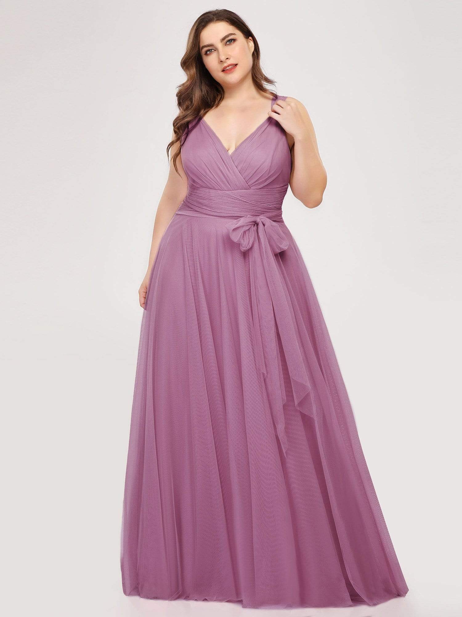 COLOR=Purple Orchid | Maxi Long Double V Neck Plus Size Tulle Bridesmaid Dresses-Purple Orchid 2