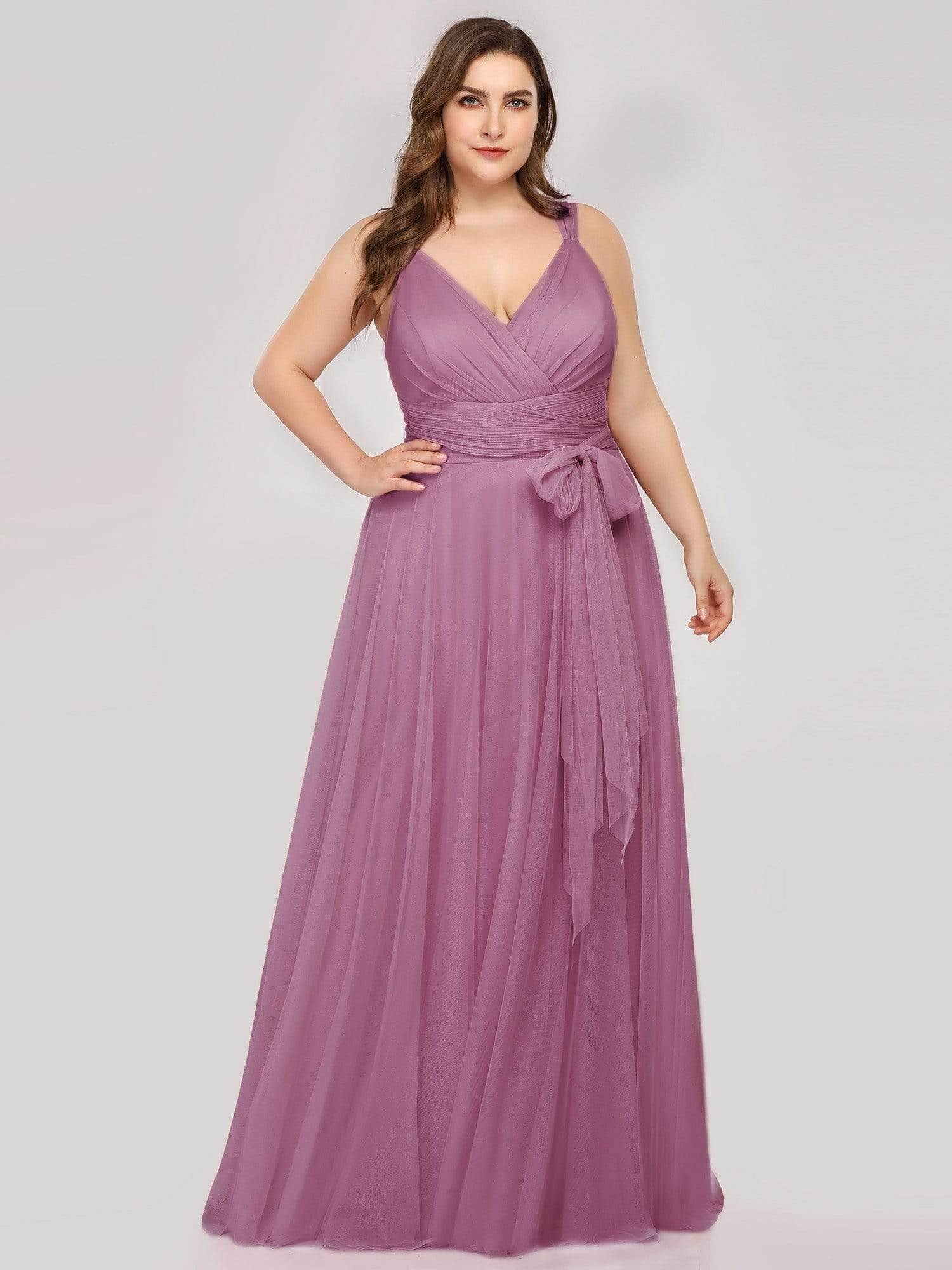 COLOR=Purple Orchid | Maxi Long Double V Neck Plus Size Tulle Bridesmaid Dresses-Purple Orchid 3