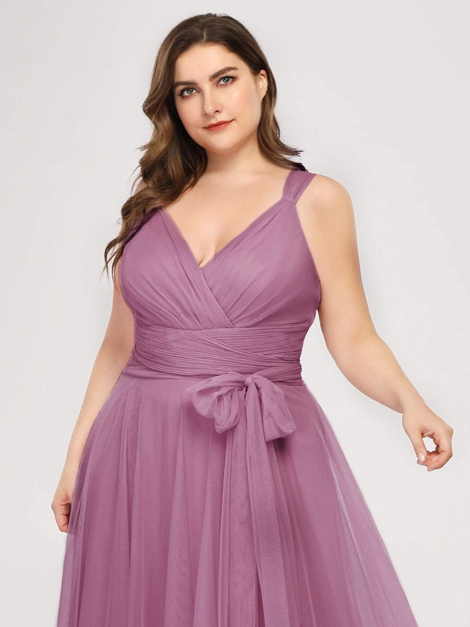 COLOR=Purple Orchid | Maxi Long Double V Neck Plus Size Tulle Bridesmaid Dresses-Purple Orchid 5