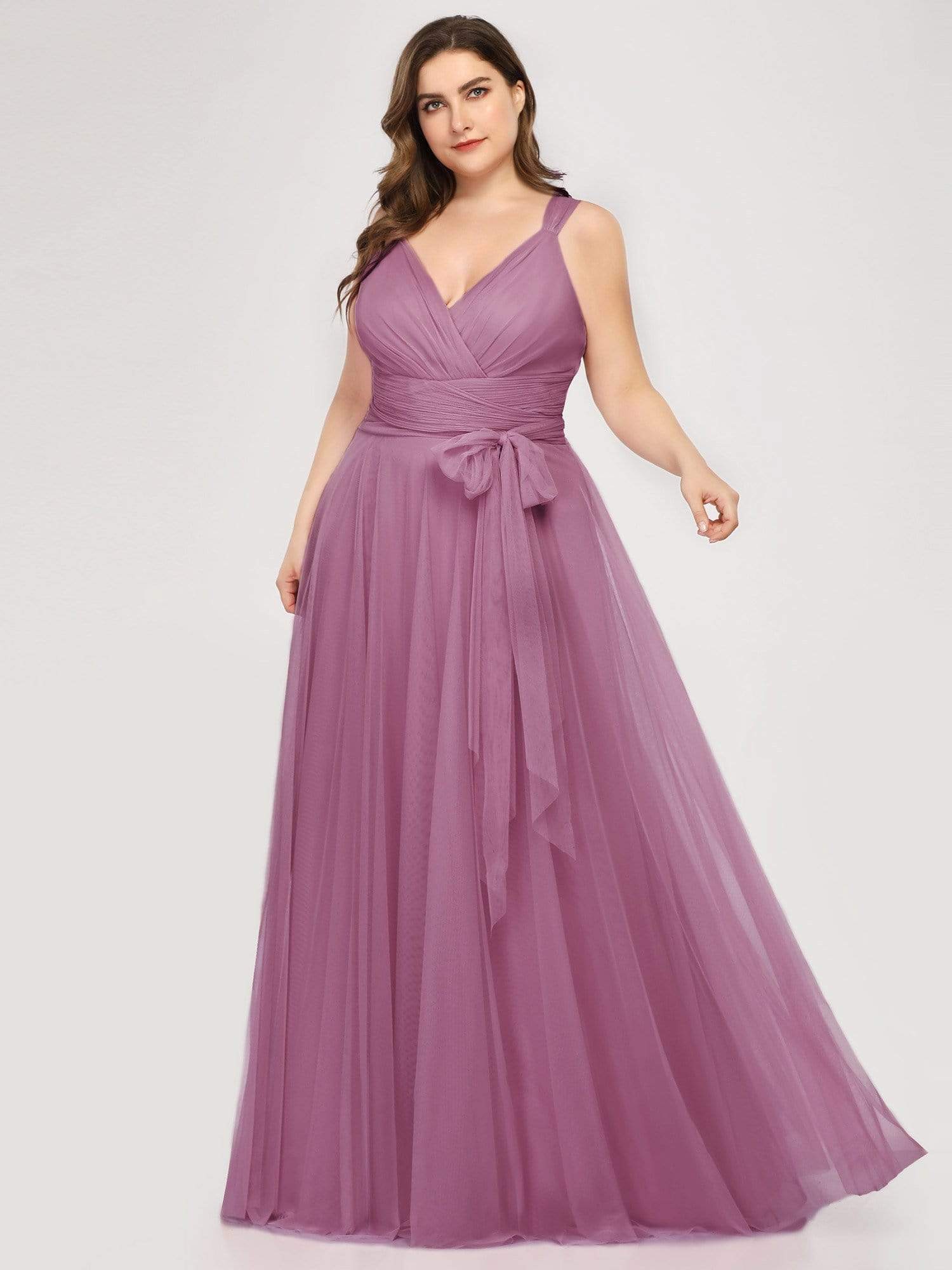 COLOR=Purple Orchid | Maxi Long Double V Neck Plus Size Tulle Bridesmaid Dresses-Purple Orchid 1