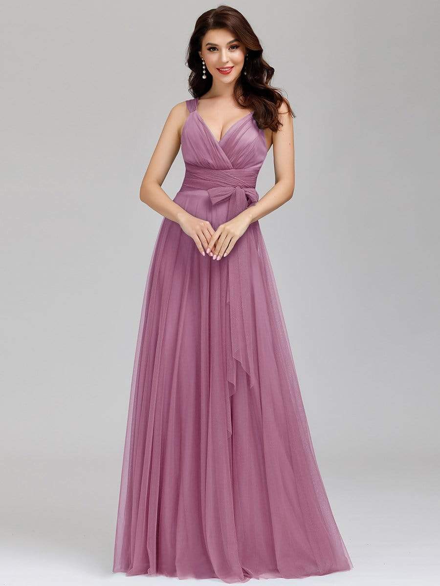 COLOR=Purple Orchid | Floor Length V Neck Evening Gown-Purple Orchid 4