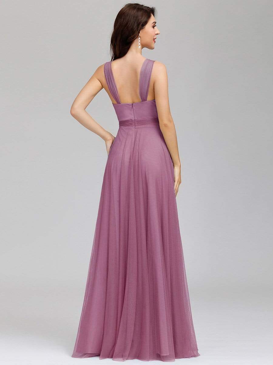 COLOR=Purple Orchid | Floor Length V Neck Evening Gown-Purple Orchid 5