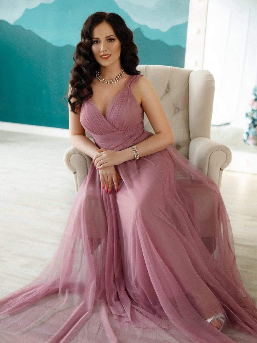 COLOR=Purple Orchid | Floor Length V Neck Evening Gown-Purple Orchid 1