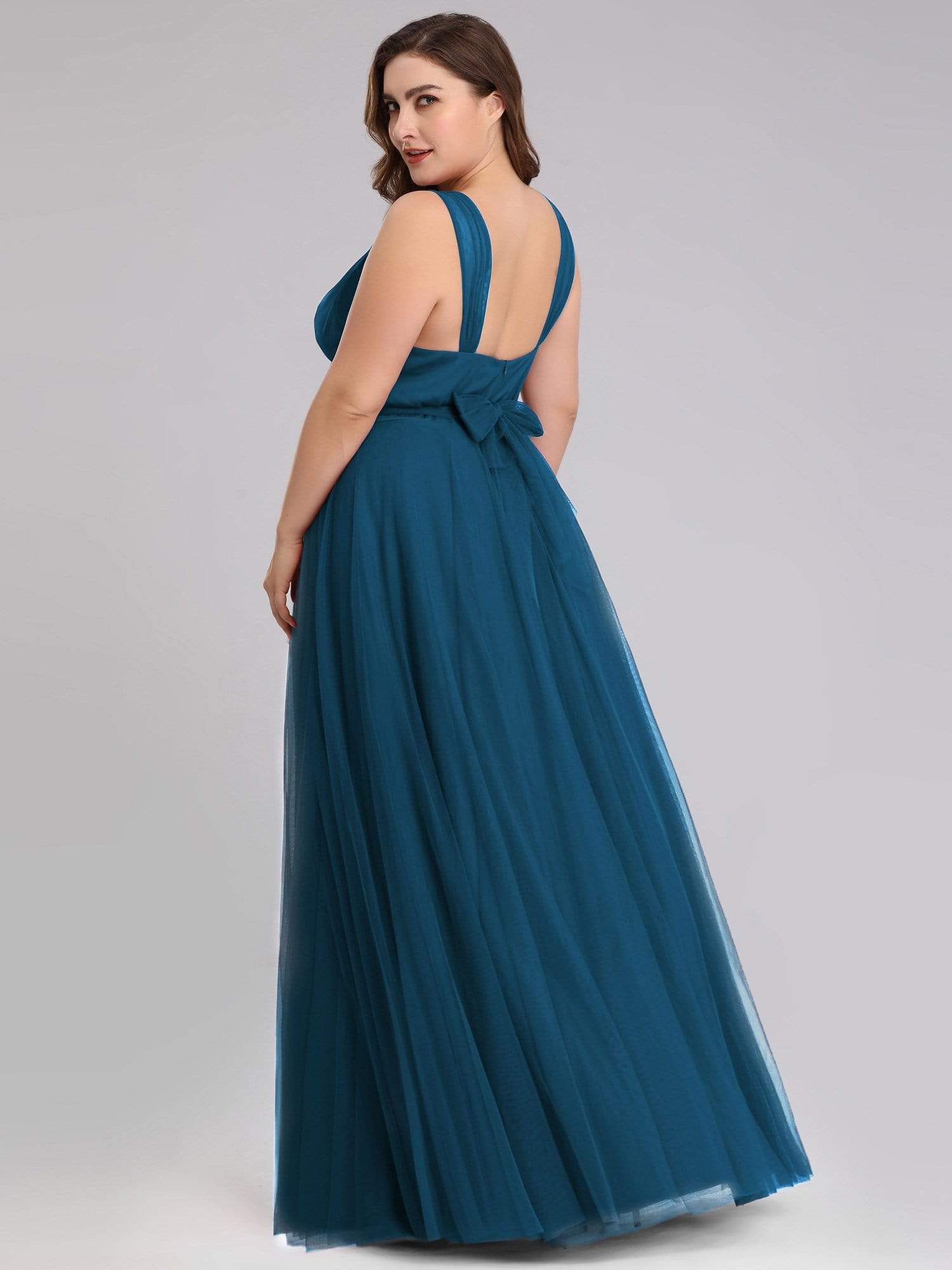 COLOR=Teal | Maxi Long Double V Neck Plus Size Tulle Bridesmaid Dresses-Teal 2