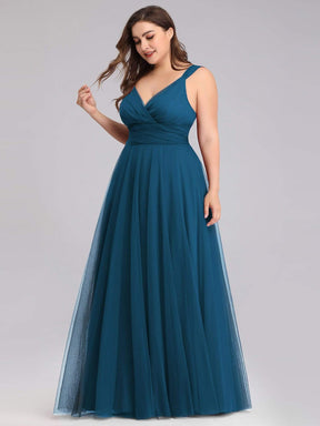 COLOR=Teal | Maxi Long Double V Neck Plus Size Tulle Bridesmaid Dresses-Teal 3
